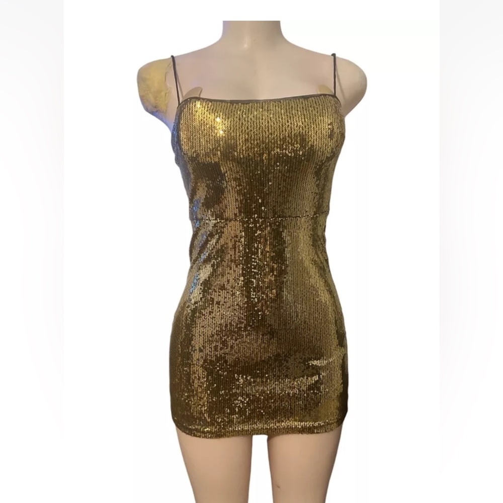 Urban outfitters gold sequin mini dress spaghettis straps zip party size XS